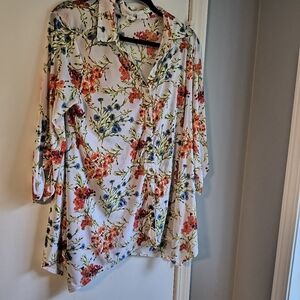 Floral Blouse- White with Red and Green Accents
